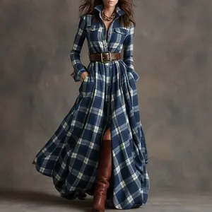 Retro French style blue plaid maxi shirt dress with belt for women