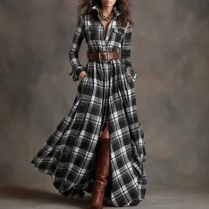 Elegant black and white plaid maxi shirt dress with vintage brown leather belt.