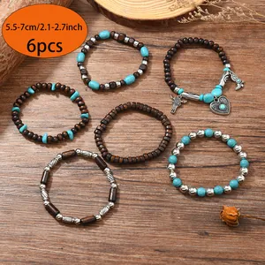 Set of 6 bohemian wood bead bracelets with turquoise stones and heart charm detail