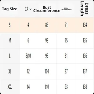 Comprehensive size chart for Bohemian style dress with bust, waist and length specs