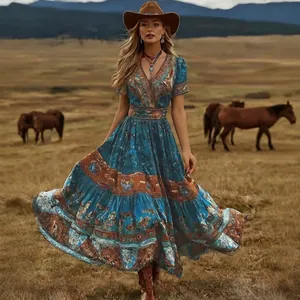 Full view of bohemian style printed maxi dress with V-neck and flowing skirt on prairie