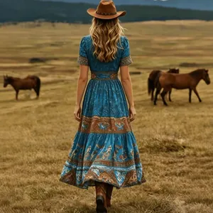 Rear view of a detailed blue bohemian maxi dress worn in a scenic prairie setting
