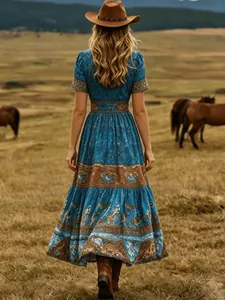 Vintage blue Bohemian maxi dress with ethnic print and puff sleeves in prairie setting
