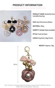 Detailed view of camellia keychain charm with size 16cm and 36g weight specs.