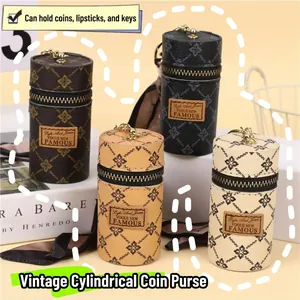 Retro Cylindrical PU Leather Mini Coin Purse Floral Pattern Keychain Hook Zipper Bag Charm Women Fashion Accessories