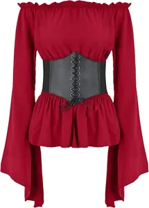Detailed view of red Renaissance off-shoulder blouse with black corset belt