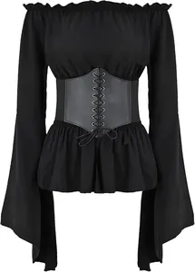 Detailed view of a black medieval Renaissance blouse featuring a lace-up corset belt