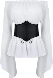White off-shoulder Renaissance blouse with long bell sleeves and a black lace-up corset belt