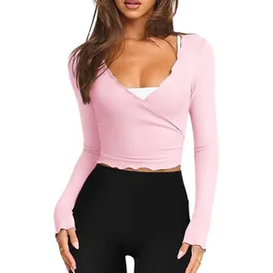 Women Sexy V-Neck Knot Front Knit Top Slim Fit Long Sleeve Cropped Sweater Solid Color Scalloped Edge Streetwear Jumper