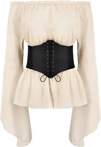 Medieval Renaissance off-shoulder blouse with black lace-up corset belt.