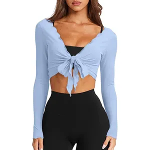 Fashionable light blue V-neck front-knot long sleeve cropped knitted top for women