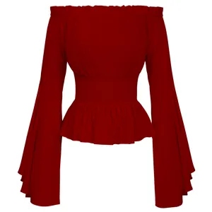 Elegant deep red Renaissance off-the-shoulder top with long bell sleeves and smocked waist.