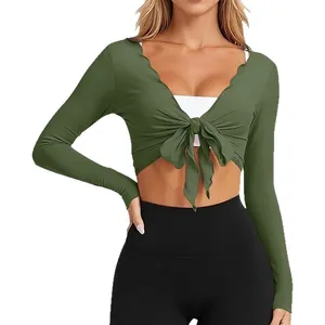 Stylish olive green slim fit V-neck tie-front knitted long sleeve crop top for women