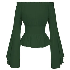 Dark green Renaissance medieval off-shoulder blouse with smocked waist and flare sleeves.