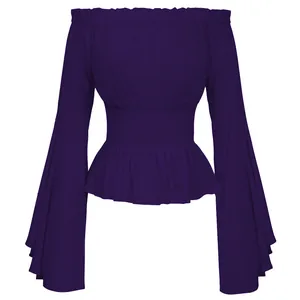 Elegant deep purple Renaissance medieval off-shoulder blouse with long flared sleeves.
