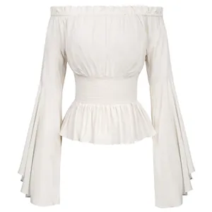 Elegant Renaissance style off-shoulder long sleeve blouse with smocked waist