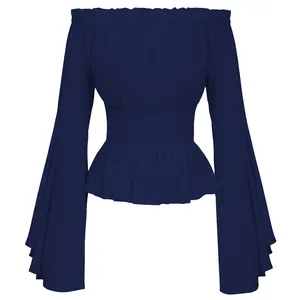 Detail of navy blue off-shoulder Renaissance blouse with smocked waist and flared sleeves.