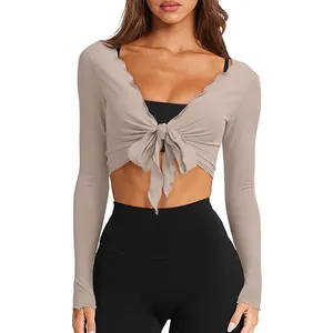 Women's slim fit V-neck knotted knit crop top long sleeve shirt in light taupe brown