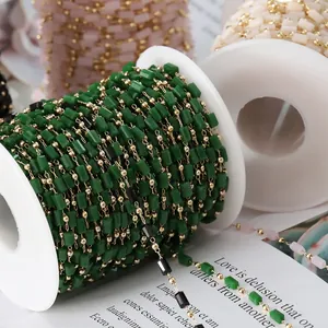14K gold-filled handmade chain featuring green crystal square beads for DIY jewelry crafts