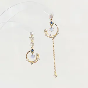 Asymmetric Star Moon Tassel Drop Earrings For Women Copper Micro Inlaid Zirconia Jewelry Gold Plated Piercing Earrings