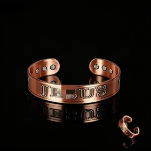 Vintage Zinc Alloy Magnetic Therapy Bracelet Ring Set Antique Red Copper Brushed Jesus Religious Jewelry For Men Women