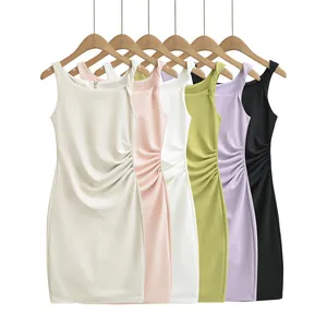 Ruched sleeveless bodycon mini dresses in cream, pink, white, green, purple and black