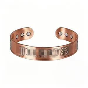 Antique red copper magnetic cuff bracelet with JESUS engraving and brushed finish for unisex