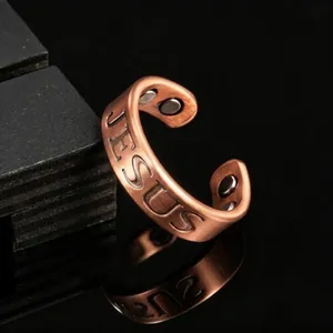 Vintage red copper magnetic open ring with Jesus engraving and brushed metal finish