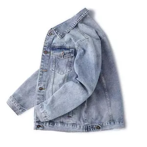 Detailed side view of durable light blue washed denim shirt jacket for men's casual workwear