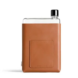 Flat transparent water bottle with premium brown leather sleeve and card pocket