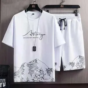 Men's casual white t-shirt and shorts summer set with mountain landscape print