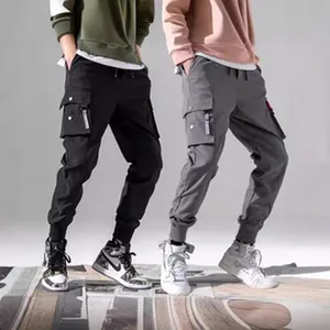 Men's casual multi-pocket cargo jogger pants in black and grey for work or street