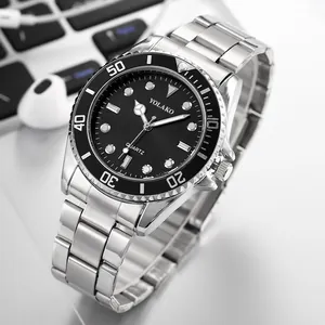 Men's luxury quartz wristwatch with stainless steel band and classic black bezel