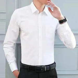 Detail shot of a men's white long-sleeved professional casual work shirt on a model