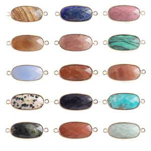 Set of diverse faceted natural stone connectors with double gold loops for jewelry.