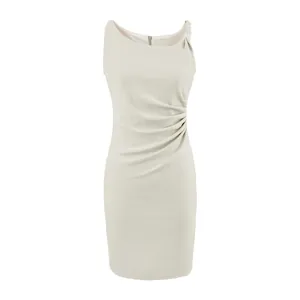 Women Elegant Sleeveless Ruched Bodycon Midi Dress Summer Sexy OL Style Ruched Waist Back Zipper Slim Fit Polyester Dress