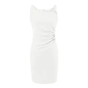 Elegant white sleeveless ruched midi dress with slimming waist for summer OL style