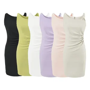 Elegant sleeveless ruched bodycon dresses in multiple pastel colors for summer