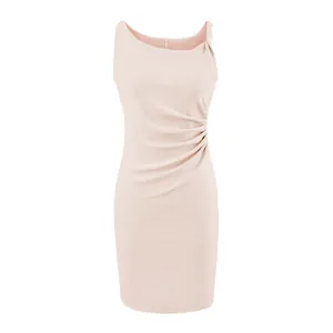 Elegant light pink sleeveless sheath dress with ruched waist and asymmetrical neckline