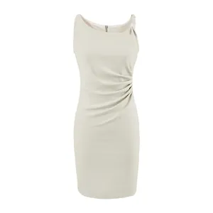 Elegant sleeveless beige dress with ruched waist and slim fit for summer OL style