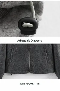 Dettaglio della giacca casual grigia con orlo a coulisse e tasche in stile workwear