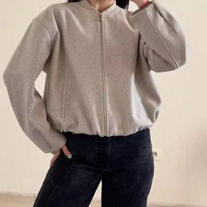 Women Casual Round Neck Soft Zip Up Jacket Loose Fit Long Sleeve Solid Color Outerwear Autumn Bomber Style Fashion Coat