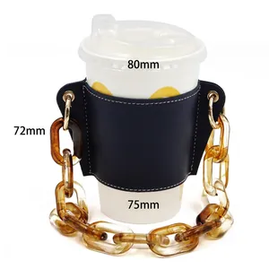 Portable navy blue leather coffee cup sleeve with thick amber acrylic chain strap