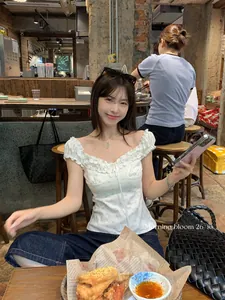 Stylish Korean style white floral short sleeve top with ruffles and off-shoulder design