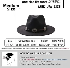 Size guide for vintage black felt fedora hat including circumference and brim width.