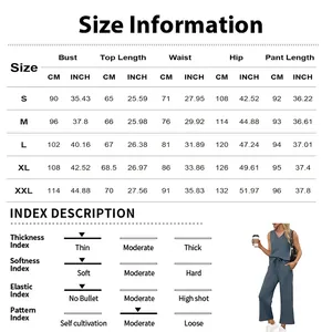 Detailed size information and fabric index for women's summer tank and pants set.