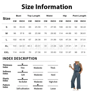 Detailed size information and fabric index for women's summer tank and pants set.