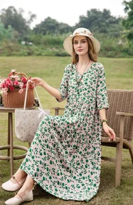 Elegant floral print cotton silk dress for summer with mid-sleeves for beach leisure