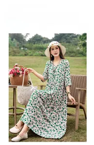 Elegant floral print cotton silk dress for summer with mid-sleeves for beach leisure