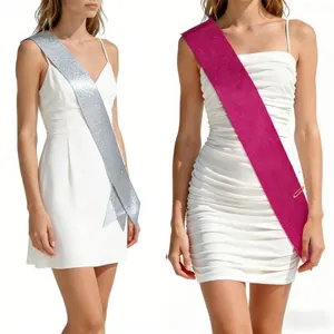 Premium glittery blank etiquette sashes for parties in silver and magenta pink colors.